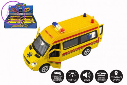 Auto ambulance kov/plast 15cm na baterie se světlem se zvukem na zpětné natažení 6ks v boxu