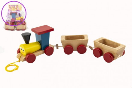 Vlak + 2 vagónky dřevo tahací barevný celková délka 43cm v sáčku