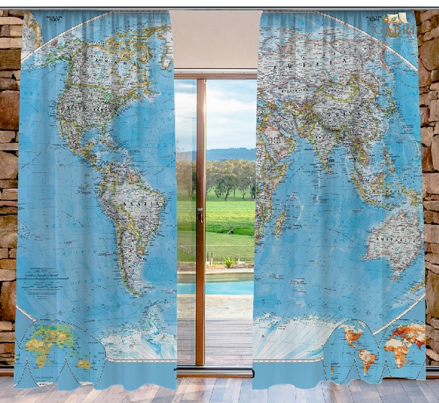 Závěsy dekorační tištěné 2x140x250cm - Mapa