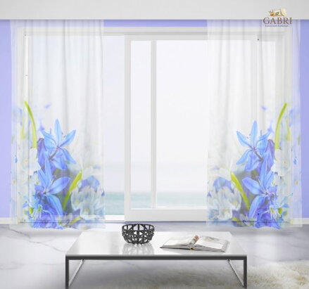 Záclony s 3D potiskem 2x150x250cm - Modré a bílé květy