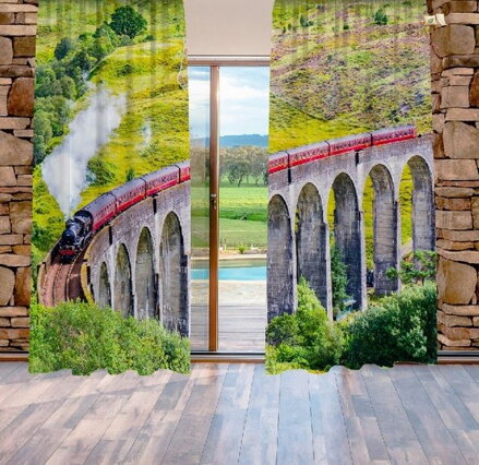 Závěsy dekorační tištěné 2x140x250cm - Lokomotiva na mostě