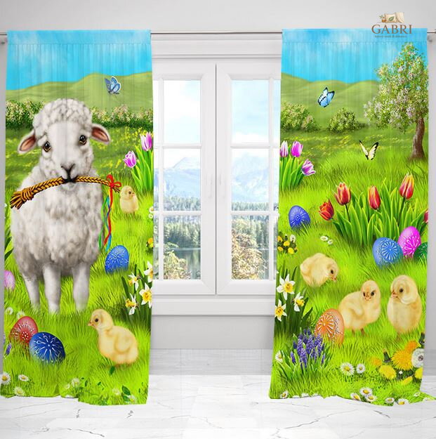 Závěsy dekorační tištěné 2x140x250cm - Velikonoční ovečka