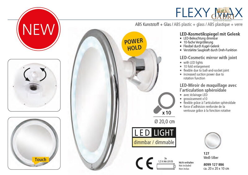 Kosmetické zrcadlo s LED osvětlením bílé/stříbrné Ø 20,0 cm - Flexy Max 2026