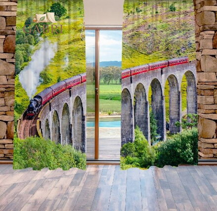 Závěsy dekorační tištěné 2x140x250cm - Lokomotiva na mostě