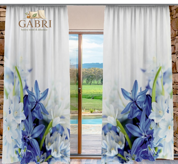 Závěsy dekorační tištěné 2x140x250cm - Modré a bílé květy
