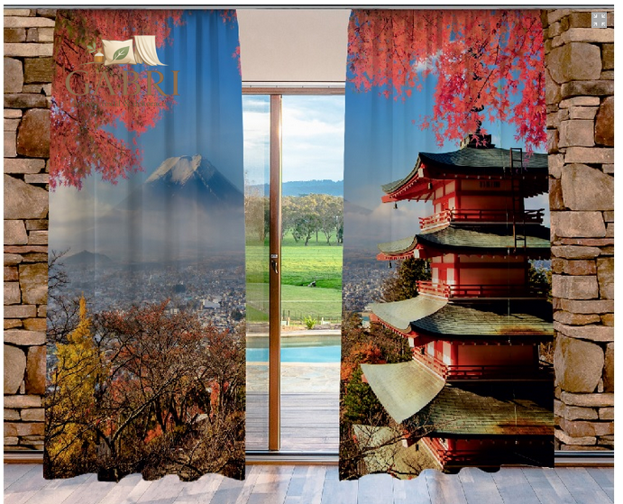 Zatemňovací závěsy tištěné black out 2x140x250cm - Hora Fudži