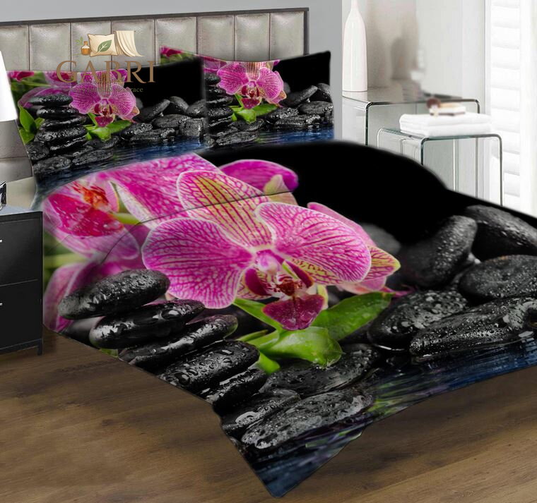 Povlečení z moderního materiálu Interlock fototisk 3D efekt - Orchidej s černými kameny