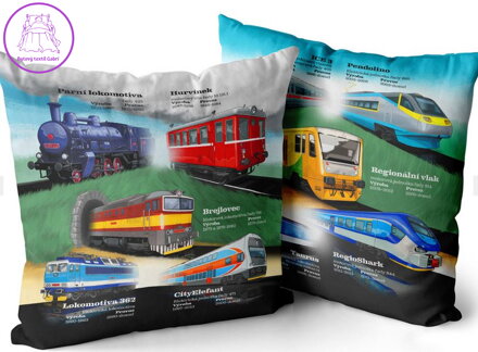 Polštářek naučný s potiskem - Vlaky