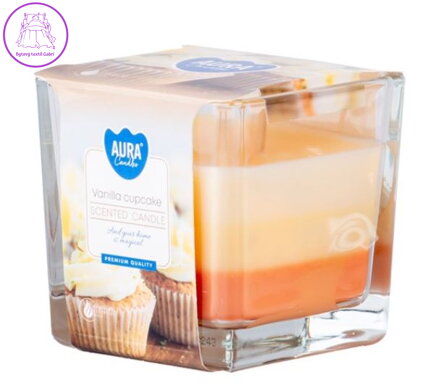 Sklo hranol 80x80 mm tříbarevná vonná svíčka - Vanilla Cupcake ( 36975 )