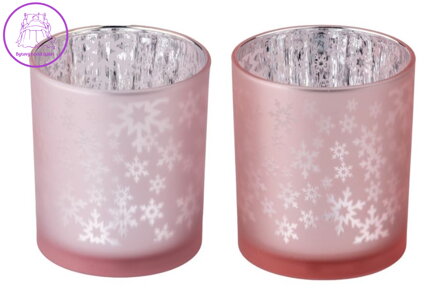 Svícen sklo 90x100 Stínohra vločky na čaj. svíčku mix růžová ( 39872 )