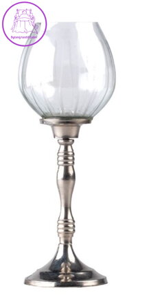 Skleněný svícen na nožičce a čajovou svíčku čirý se stříbrnou 95x280mm ( 39895 )