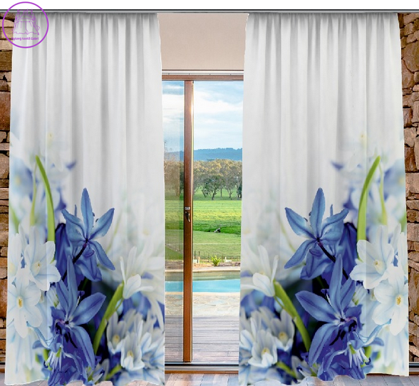 Zatemňovací závěsy tištěné black out 2x140x250cm - Modré a bílé květy