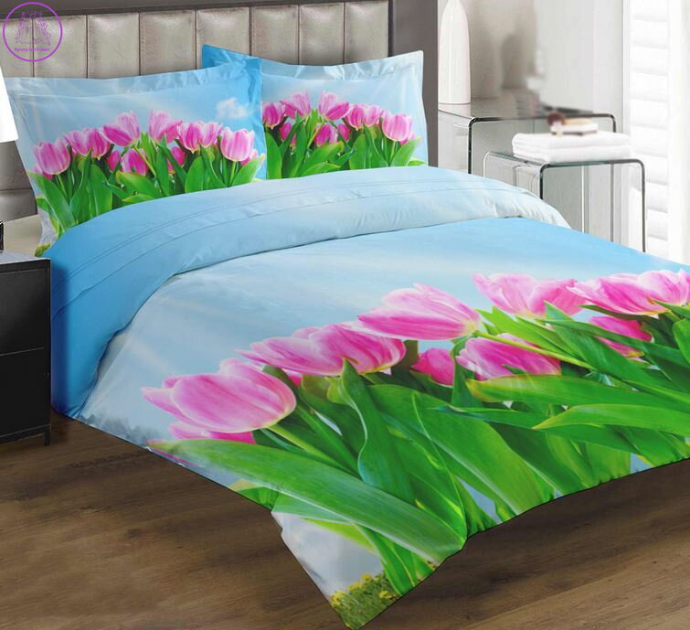 Povlečení z moderního materiálu Interlock fototisk 3D efekt - Růžové tulipány