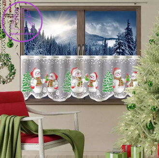 Vánoční záclona vitrážka 150x50cm W-Sněhuláci SKLADEM
