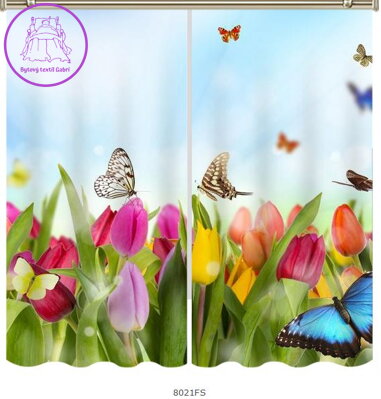 Black out závěsy 3D nebo voálové záclony 3D motiv 8021 Motýli a tulipány