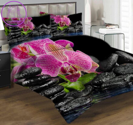 Povlečení z moderního materiálu Interlock fototisk 3D efekt - Orchidej s černými kameny