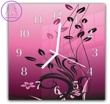 Nástěnné hodiny 30x30cm - Černé malované listí na růžovém podkladu