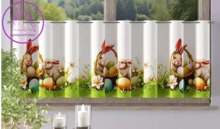 Velikonoční metrážový tištěný voál vitrážka výška 70cm W-Králík v košíku