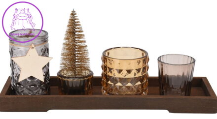 Svícen set 6ks sklo na dřevěném tácku 55x38/57x60/57x97/70x67mm barevná ( 42264 )