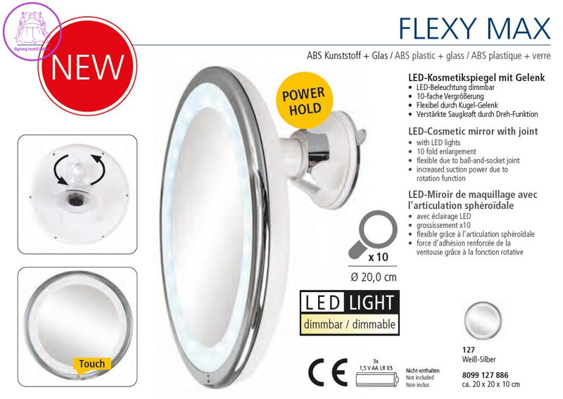 Kosmetické zrcadlo s LED osvětlením bílé/stříbrné Ø 20,0 cm - Flexy Max 2022