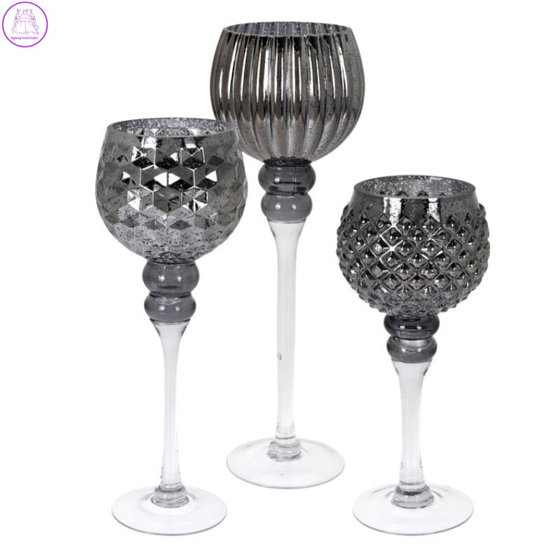 Skleněný svícen na nožičce sada 3ks, černá se stříbrnou ( 38019 )