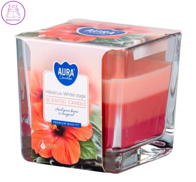 Sklo hranol 80x80 mm tříbarevná vonná svíčka - Hibiscus - White Sage ( 41066 )