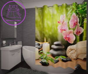 Textilní koupelnový závěs s 3D efektem 145x180cm Art-Kameny a orchidea 71429