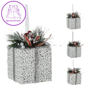 Vianočný box 8x8x12 cm čipkovaný so stuhou, strieborné trblietky, mix /1ks
