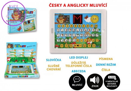 Naučný tablet moudré sovy dvojjazyčný CZ+AJ plast 24x19x2cm na baterie se zvukem v krabici 32x23x3cm