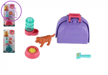 Mazlíček/pes s přenosným boxem plast 5cm s doplňky 2 druhy na kartě 12,5x25x5cm