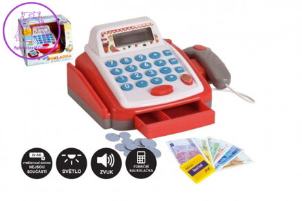 Pokladna malá digitální plast 18cm s doplňky na baterie se zvukem se světlem v krabici 22x15x18cm