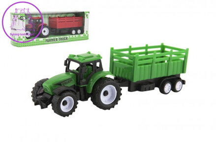 Traktor s vlekem plast 21cm na volný chod 2 barvy v krabičce 23x9x6cm