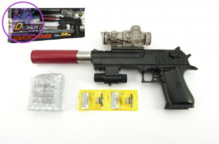 Pistole plast/kov 33cm na vodní kuličky + náboje 9-11mm na baterie  se světlem v krabici 34x13x4cm