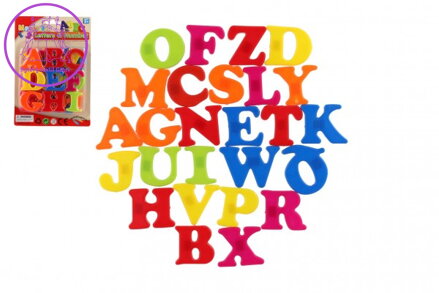 Magnetická písmena 4cm cca 27ks plast na kartě 15x21,5cm