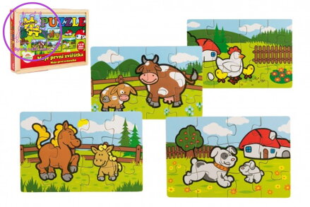 Puzzle dřevěné Moje první zvířátka 4x12 dílků 20x14x3,5cm v dřevěné krabičce 24m+ MPZ