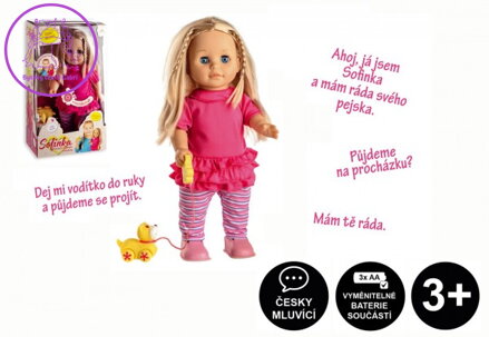 Panenka Sofinka s pejskem chodící a česky mluvící plast 42cm na bat. se zvukem v krabici 26x44x13cm