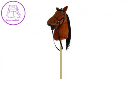 Kůň na tyči plyš 70cm na baterie se zvukem tmavě hnědý v sáčku
