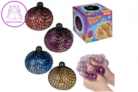 Míček antistresový mačkací v síťce sliz 10cm s glitry 4 barvy v krabičce 9x9,5x9cm