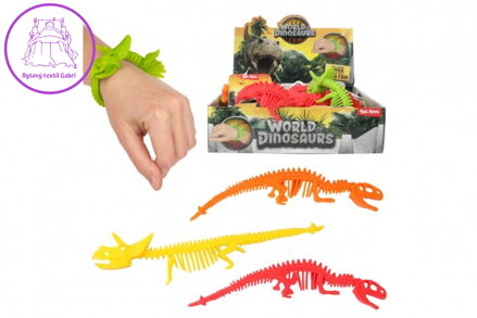 Náramek dinosaurus natahovací mačkací silikon 22cm 4 barvy 24ks v boxu