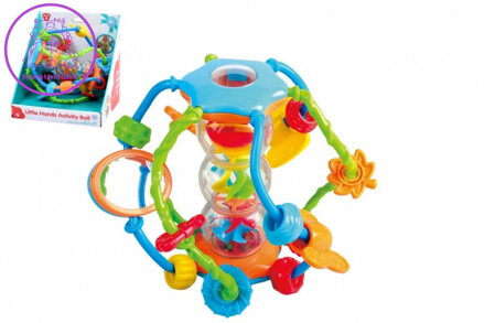 Chrastítko koule/míček edukační plast 15cm pro nejmenší v krabici 18x19x17cm 6m+