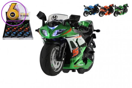 Motorka závodní kov/plast na zpětné natažení 12cm na baterie se světlem, zvukem 3 barvy 12ks v boxu