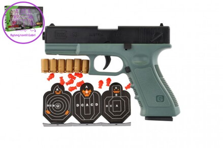 Pistole Glock na pěnové náboje plast 19cm + terče 3ks, náboje 6ks v krabici 34x18x4,5cm