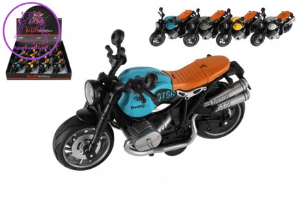Motorka plast 13cm na zpětné natažení na baterie se světle, zvukem 4 barvy 12ks v boxu