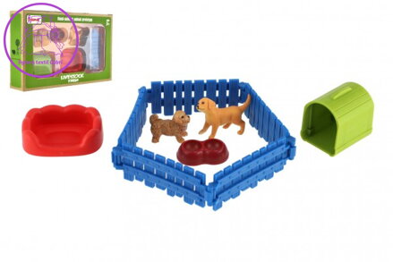 Pejskové/Pes 2ks s plotem plast s doplňky v krabici 23x14,5x4,5cm