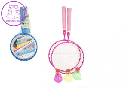 Badminton sada dětská kov/plast 2 pálky + 3 košíčky 2 barvy v síťce 23x45x6cm