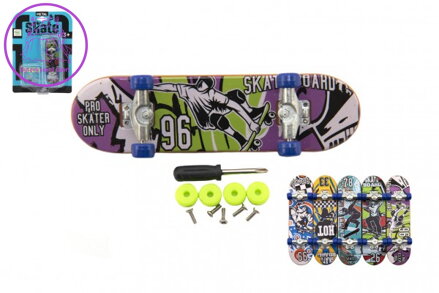 Skateboard prstový šroubovací plast 9cm s doplňky mix barev na kartě 12,5x17x3cm