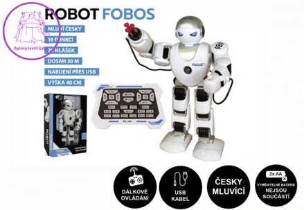 Robot RC FOBOS plast interaktivní chodící 40cm česky mluvící na baterie s USB v krabici 31x45x13cm