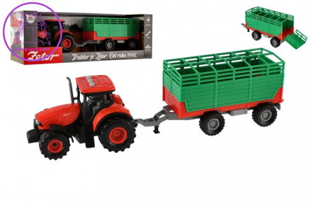 Traktor Zetor s vlekem plast 36cm na setrvačník na bat. se světlem se zvukem v krabici 39x13x13cm