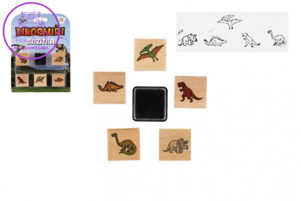 Razítka dřevěná  5+1 s poduškou dinosauři 3x3cm na kartě