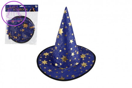 Klobouk čarodějnický pro děti průměr 38cm modro-zlatý v sáčku karneval